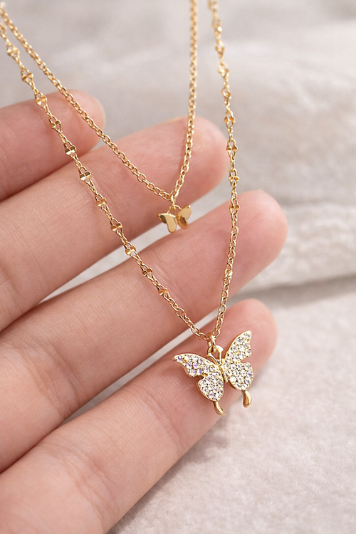 BFGF® Elegant Butterfly Layered Necklace for Women – Premium Gold-Finish Crystal Pendant Chain