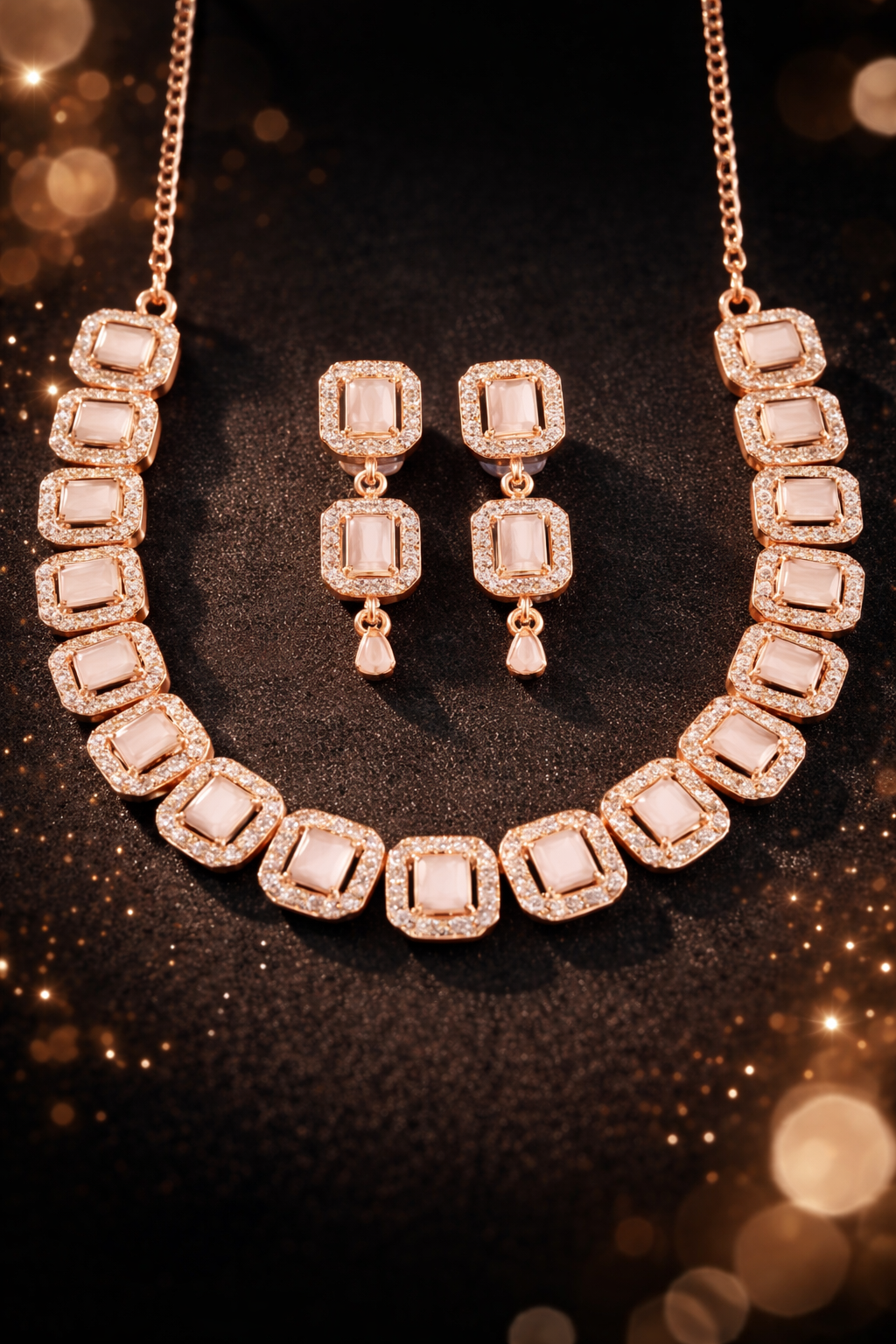 BFGF® Royal Blush Rose-Gold Necklace & Earrings Set – Luxury Indian Bridal Jewellery