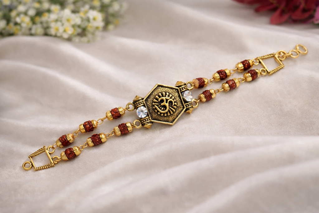 BFGF® Om Rudraksha Gold Plated Bracelet for Men – Spiritual Shiva Bracelet with CZ Stones & Adjustable Fit