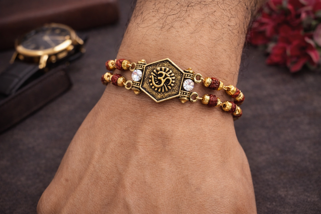 BFGF® Om Rudraksha Gold Plated Bracelet for Men – Spiritual Shiva Bracelet with CZ Stones & Adjustable Fit
