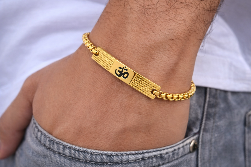 BFGF® Om Gold Plated Chain Bracelet for Men – Premium Spiritual ID Bracelet with Black Om Symbol