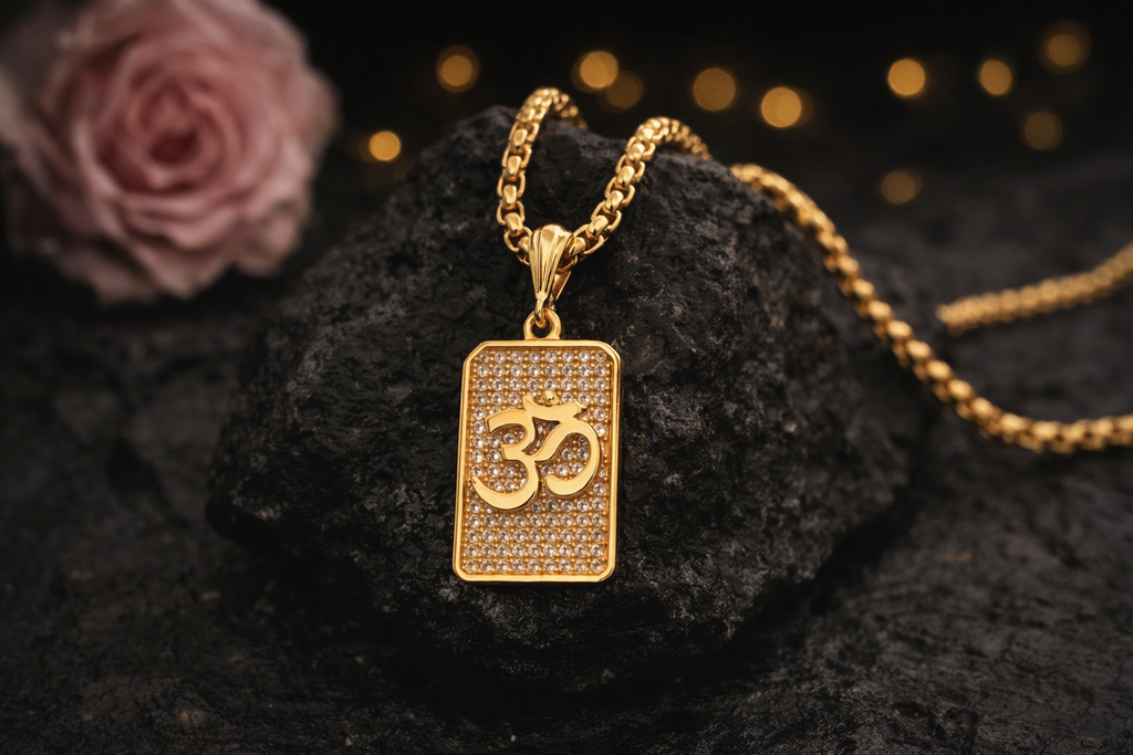 BFGF® Premium Om Diamond Pendant with Gold Plated Chain – Luxury Spiritual Necklace for Men & Women