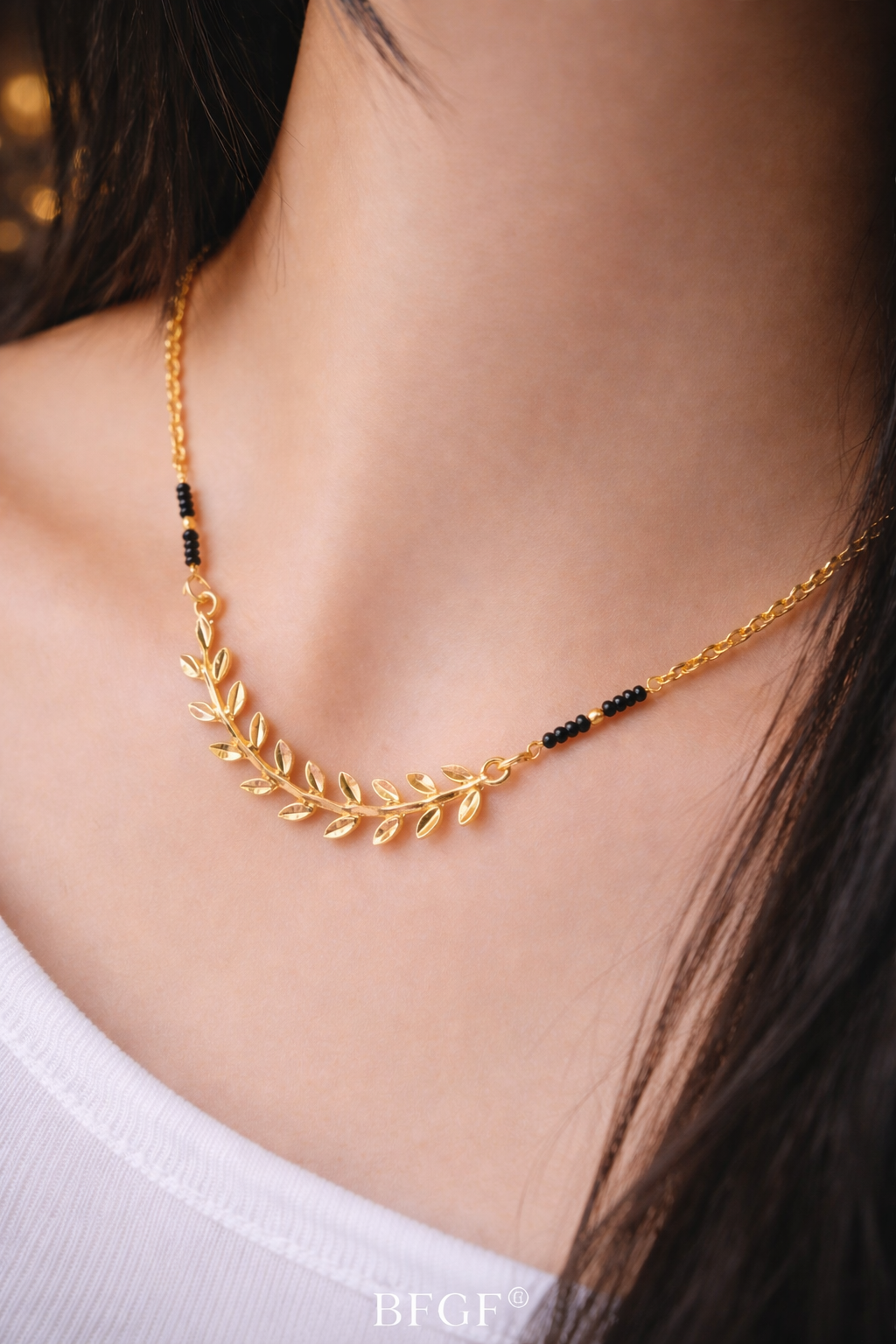 BFGF® Elegant Leaf Design Mangalsutra Necklace – Gold Plated Minimal Black Beads Chain for Women