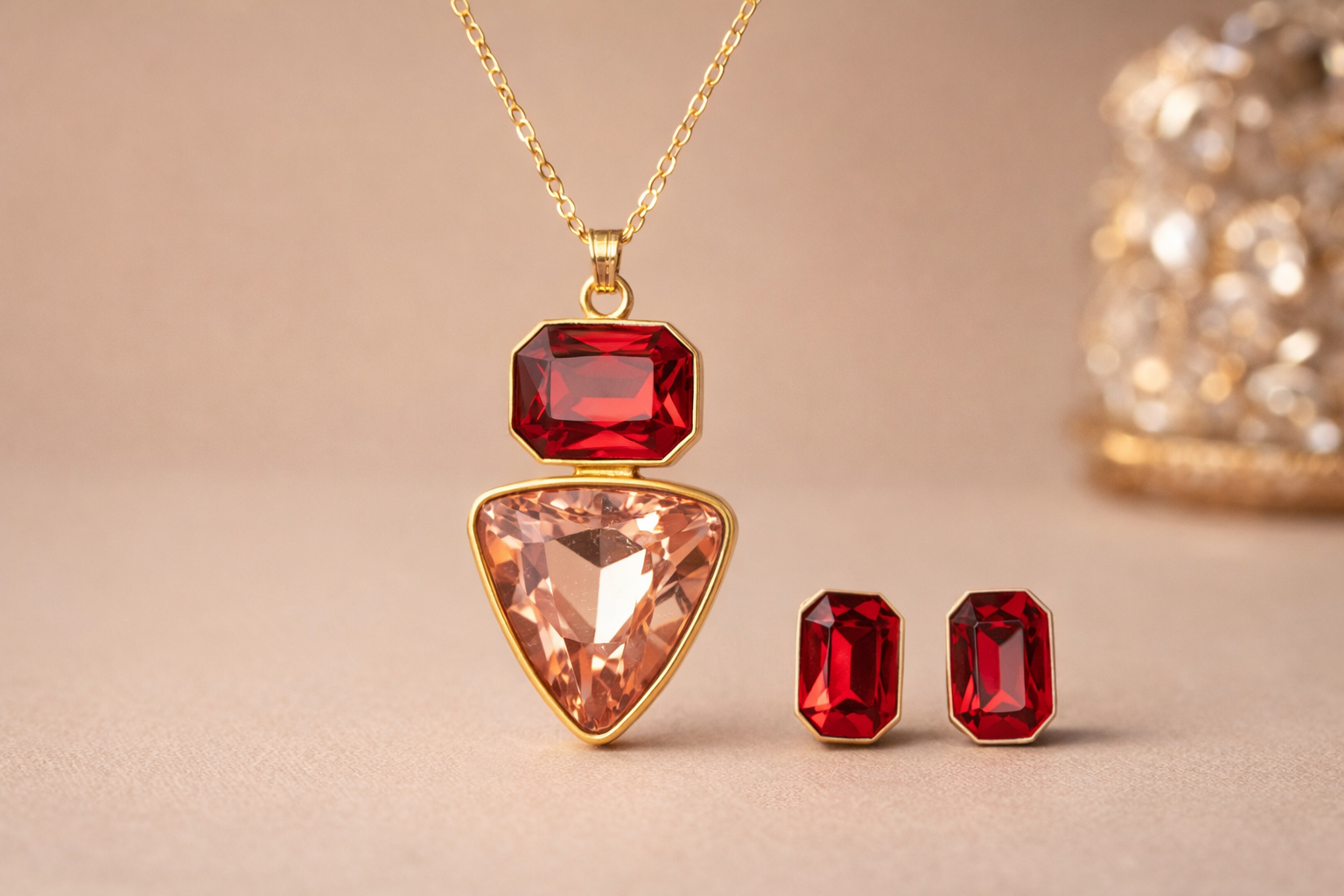 BFGF® Ruby Blush Dual Stone Necklace Set with Matching Earrings | Luxury Party Wear Jewelry