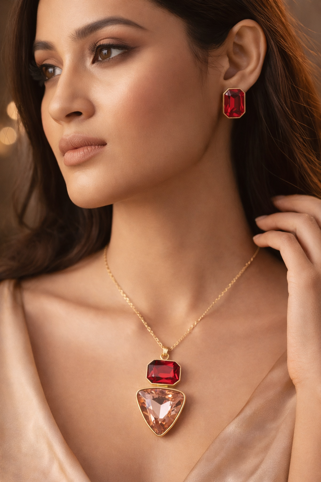 BFGF® Ruby Blush Dual Stone Necklace Set with Matching Earrings | Luxury Party Wear Jewelry