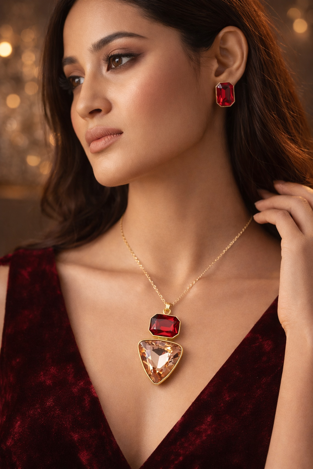 BFGF® Ruby Blush Dual Stone Necklace Set with Matching Earrings | Luxury Party Wear Jewelry
