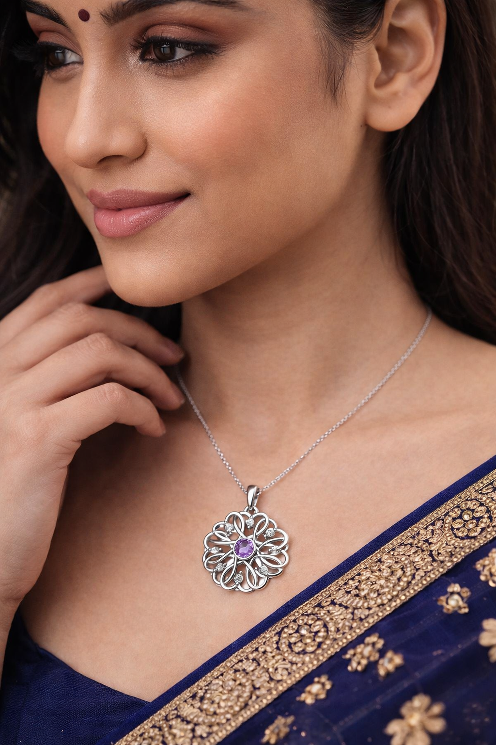 BFGF® Royal Floral Silver Pendant Necklace with Purple Stone | Elegant Jewellery for Women