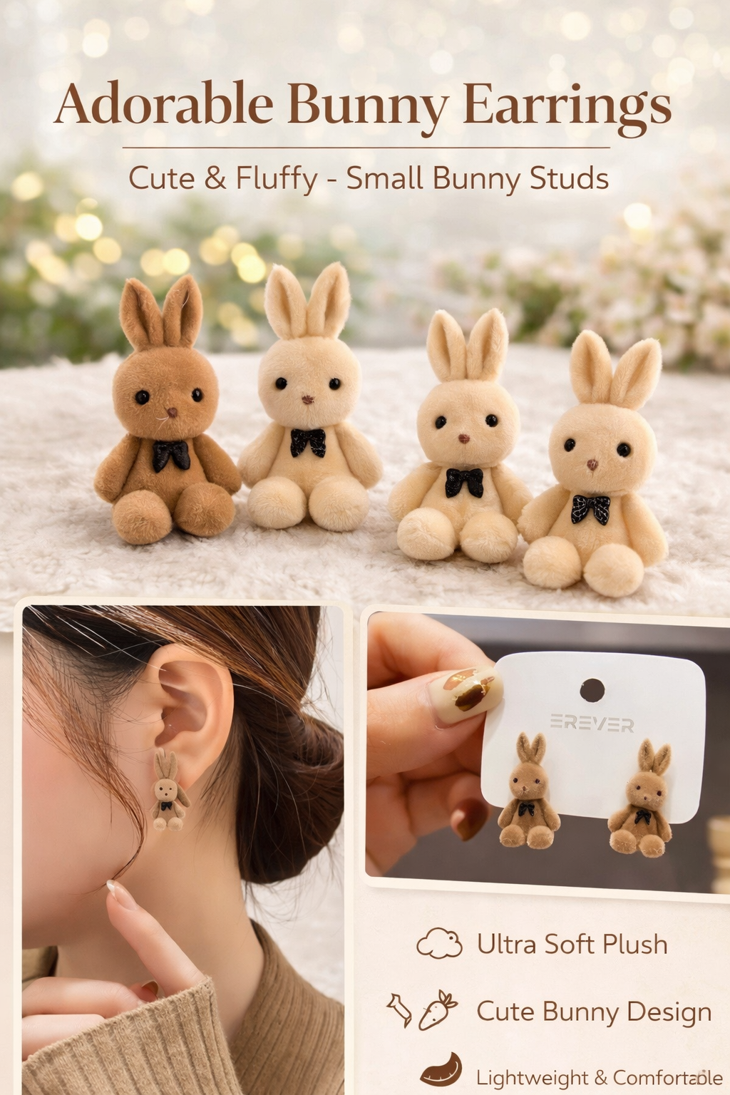 BFGF® Cute Plush Bunny Earrings – Adorable & Fluffy Mini Studs