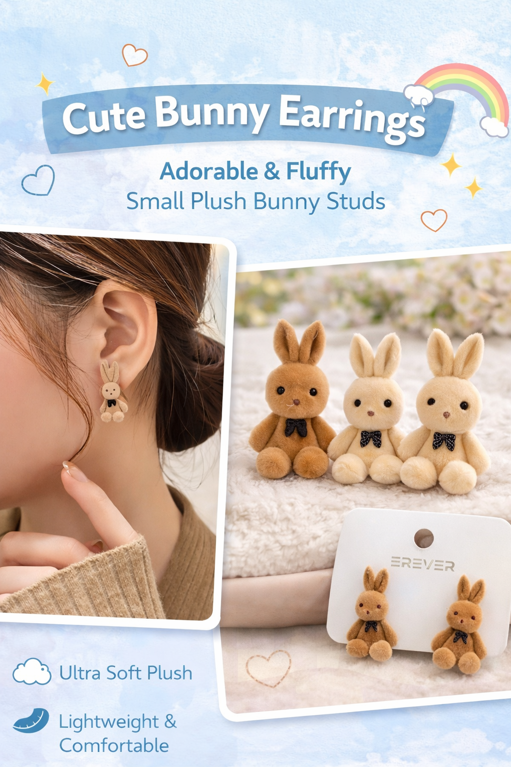 BFGF® Cute Plush Bunny Earrings – Adorable & Fluffy Mini Studs