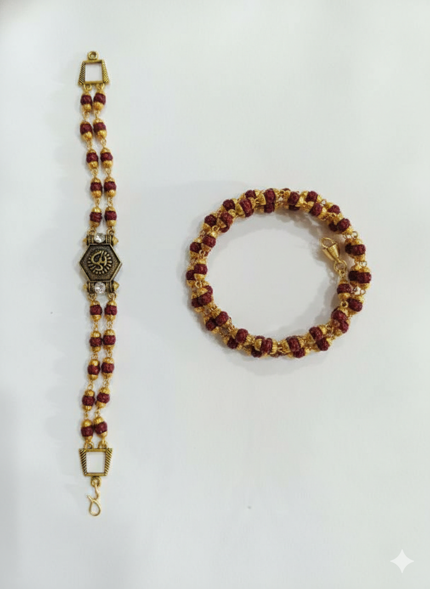 BFGF® Om Rudraksha Gold Plated Bracelet for Men – Spiritual Shiva Bracelet with CZ Stones & Adjustable Fit