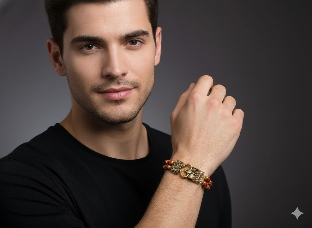 BFGF® Trishul Rudraksha Gold Plated Bracelet for Men – Spiritual & Stylish Religious Wrist Band