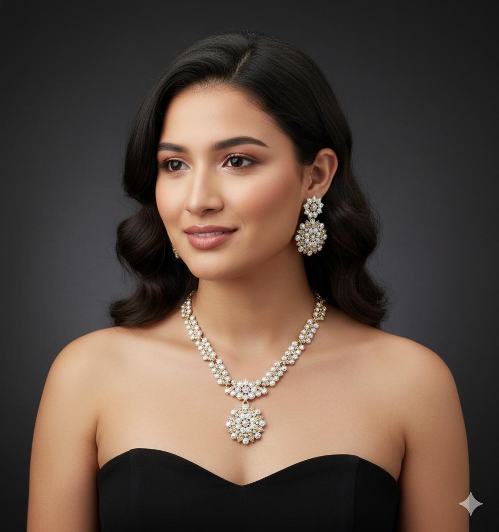 BFGF® Royal Austrian Diamond Gold Plated Necklace Set with Floral Pendant &amp; Earrings – Premium Bridal &amp; Party Wear Jewellery